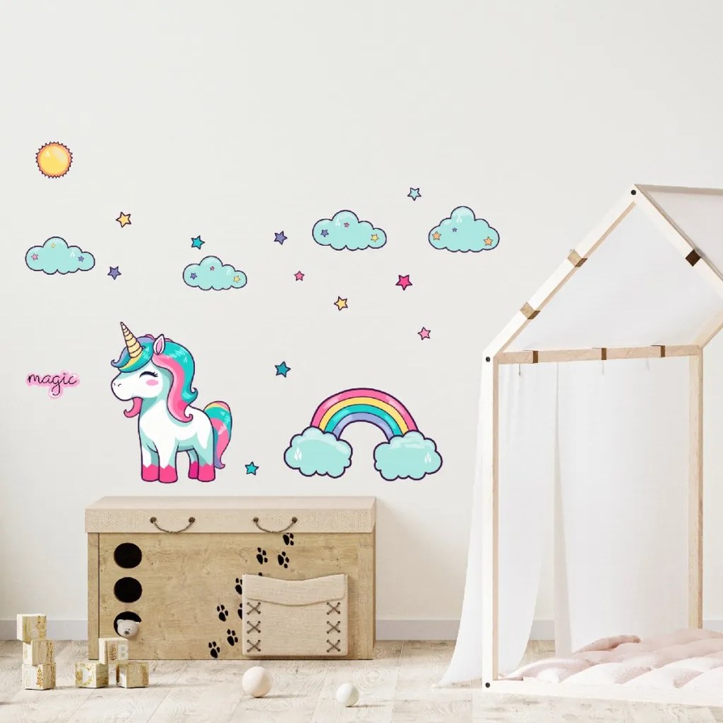 PIPPER. Autocolant de perete „Unicorn cu nori” Material: Autocolant textil