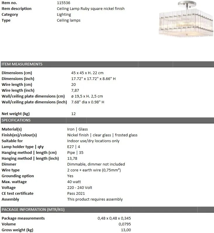 Lustra design LUX Ruby square, nickel 115536 HZ