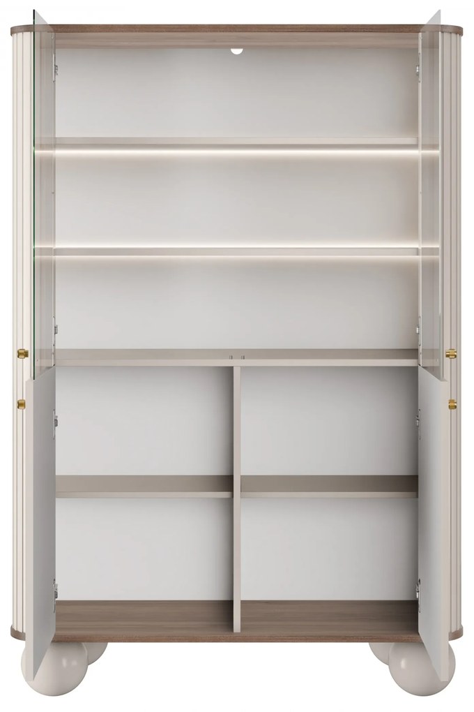 Vitrină cu patru uși Vesper 103 cm - cașmir / nuc / mânere aurii / picioare rotunde