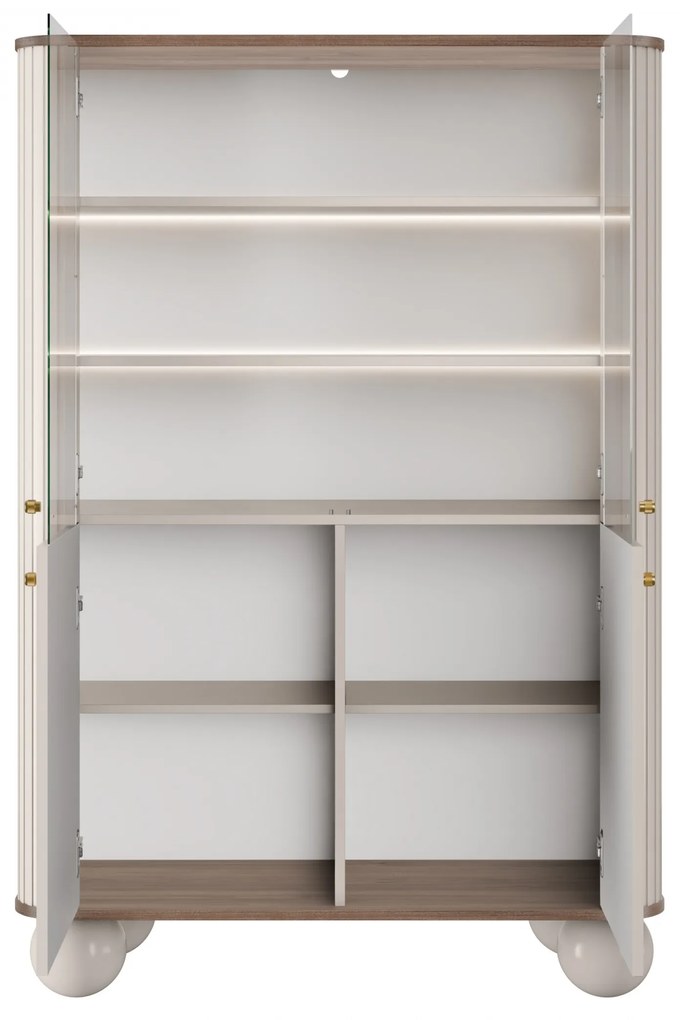 Vitrină Vesper 103 cm cu 4 uși - cașmir / nuc / mânere aurii / picioare sferice