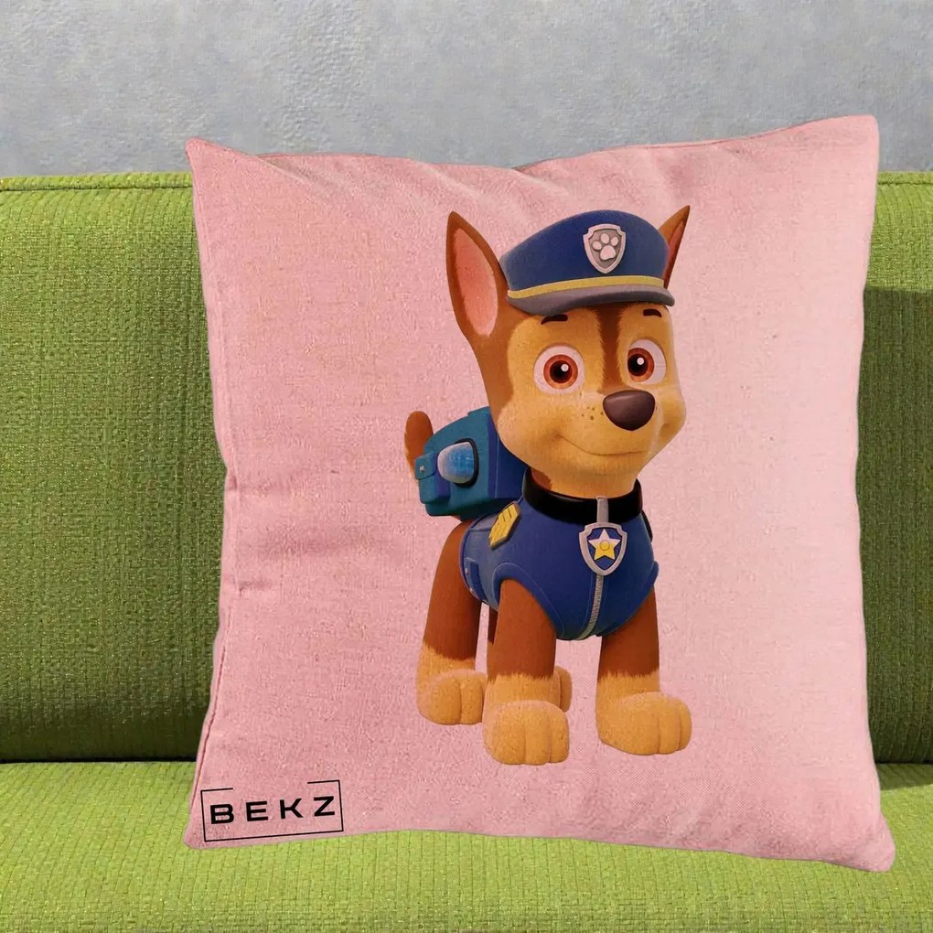 Perna Personalizata Chase PAW Patrol Albastru, 40x40 cm, Roz, Husa Detasabila, Perna Inclusa, BEKZ®