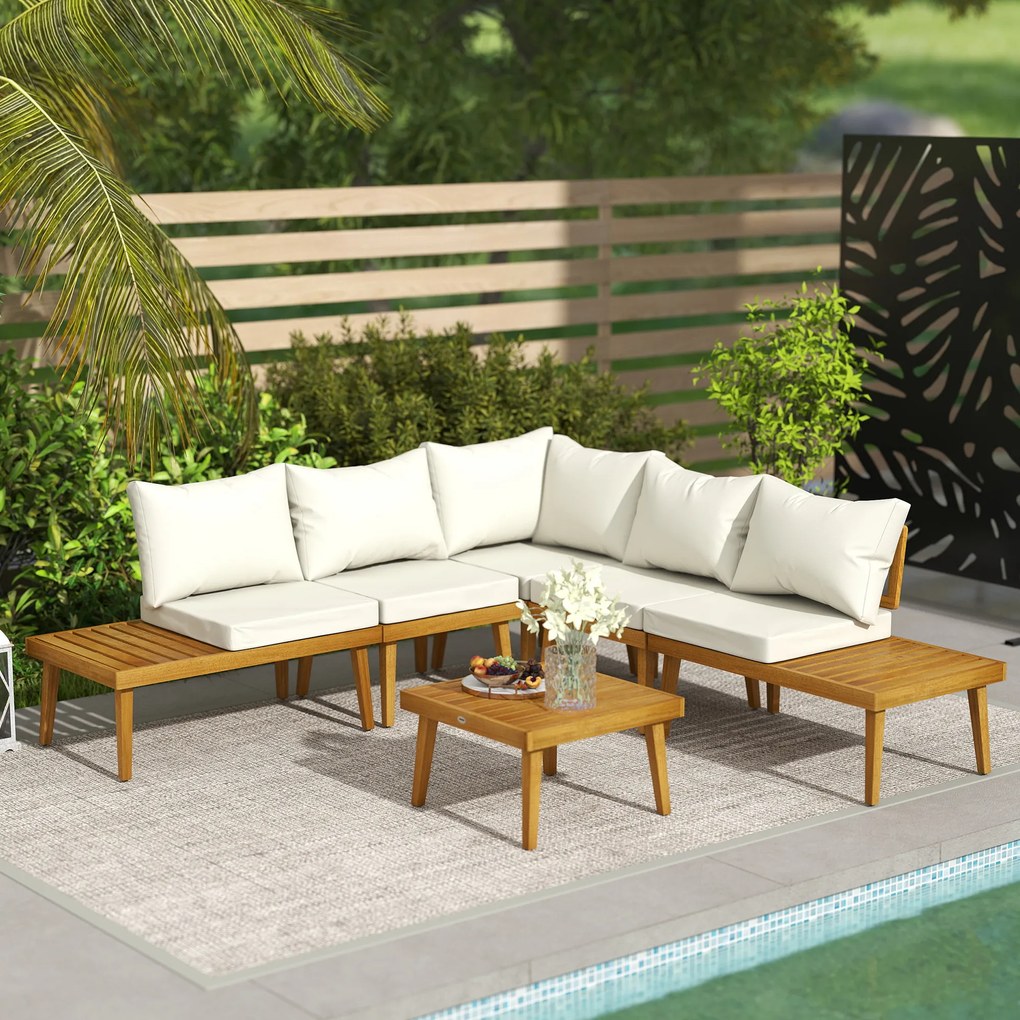 Outsunny Salon de grădină în aer liber, 5 locuri, modular din lemn de acacia, canapea unghiulară în aer liber cu masă de cafea și perne | Aosom Romania