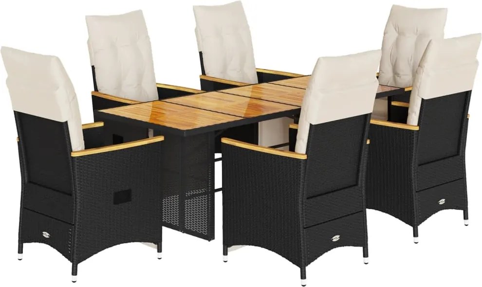 vidaXL Set bistro de grădină, 7 piese, cu perne, negru, poliratan
