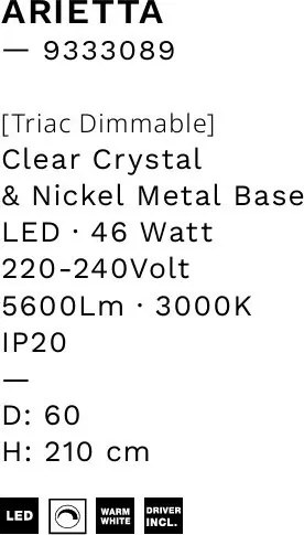 Lustra suspendata LED, cristale sticla ARIETTA 60cm