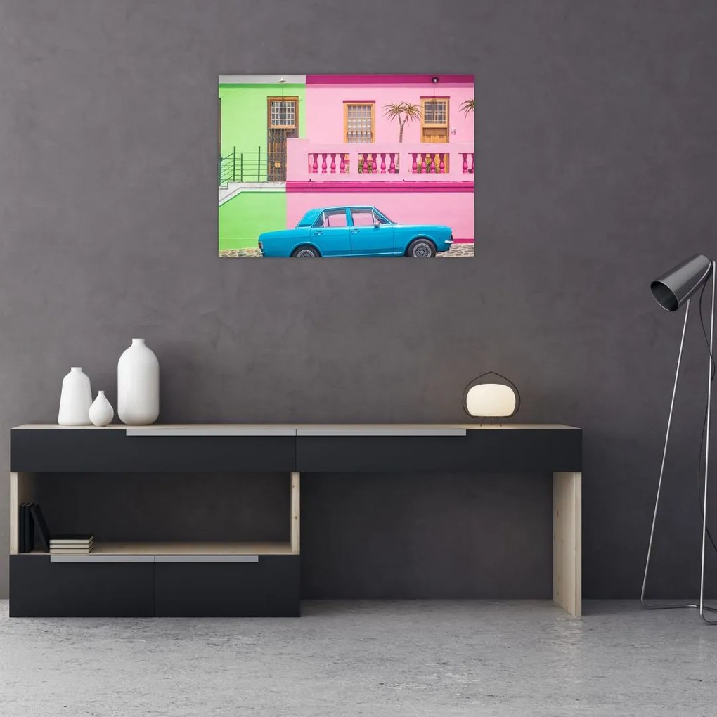 Tablou cu mașina - casele colorate (70x50 cm)