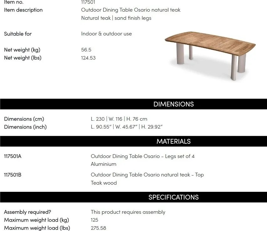 Masa pentru exterior si interior design LUX Osario, 230x116cm