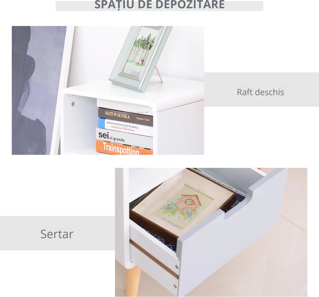 Noptiera HOMCOM cu Sertar stil Nordic din MDF si Lemn de Brad, 40x38x58 cm | Aosom Romania