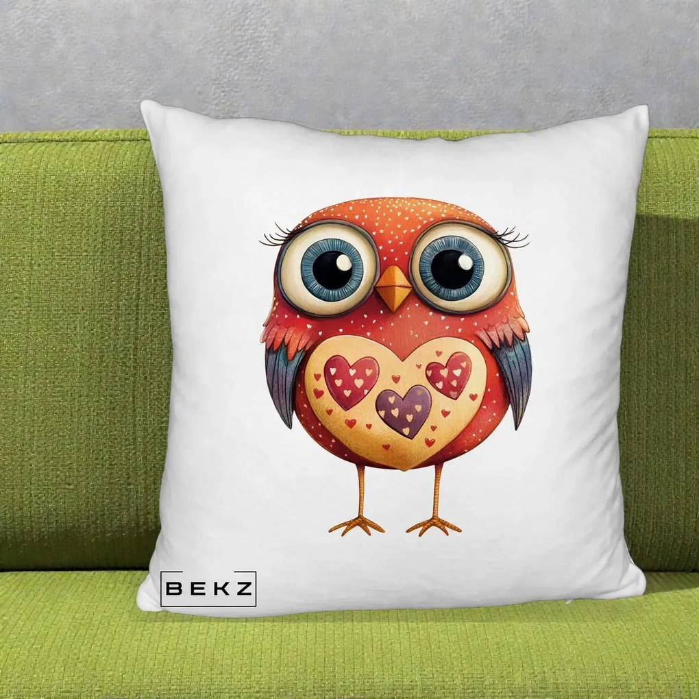 Perna Decorativa Bufnita Rosie cu Inimi Aurii, 40x40 cm, Alb Pufos, Husa Detasabila, Perna Inclusa, BEKZ®