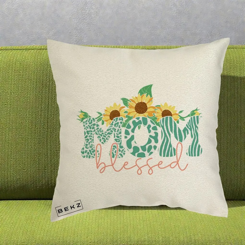 Cadou pentru Mama - Perna Personalizata Mom Blessed cu Floarea Soarelui Animal Print Teal, 40x40 cm, Ecru, Husa Detasabila, Perna Inclusa, BEKZ®