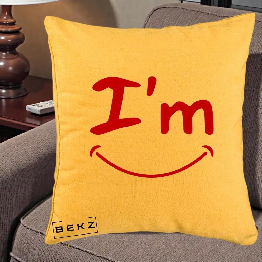 Perna Decorativa I'm Happy Smile, 40x40 cm, Galben, Husa Detasabila, Perna Inclusa, BEKZ®