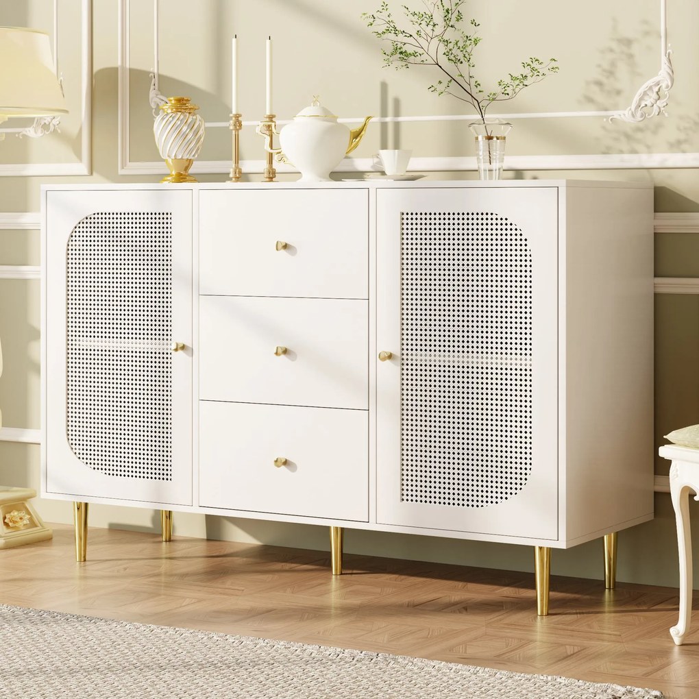 Bufet de sufragerie din ratan cu sertare, Alb | Aosom Romania