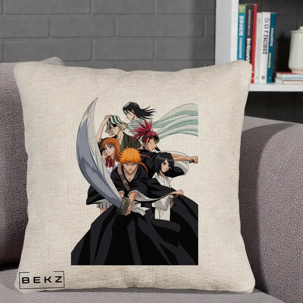 Perna Personalizata Bleach Grup Complet Ichigo si Prietenii, 40x40 cm, Bej Canapea, Husa Detasabila, Perna Inclusa, BEKZ®