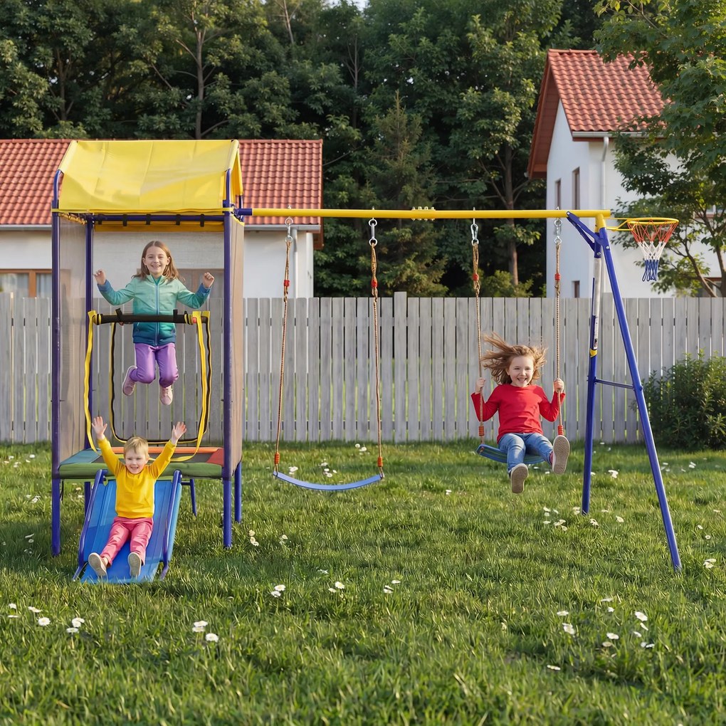 Dispozitiv multifuncțional 4-în-1 pentru exterior pentru copii, trambulină cu plasă de siguranță, pentru 3–8 ani, 336x217x238 cm, Multicolor