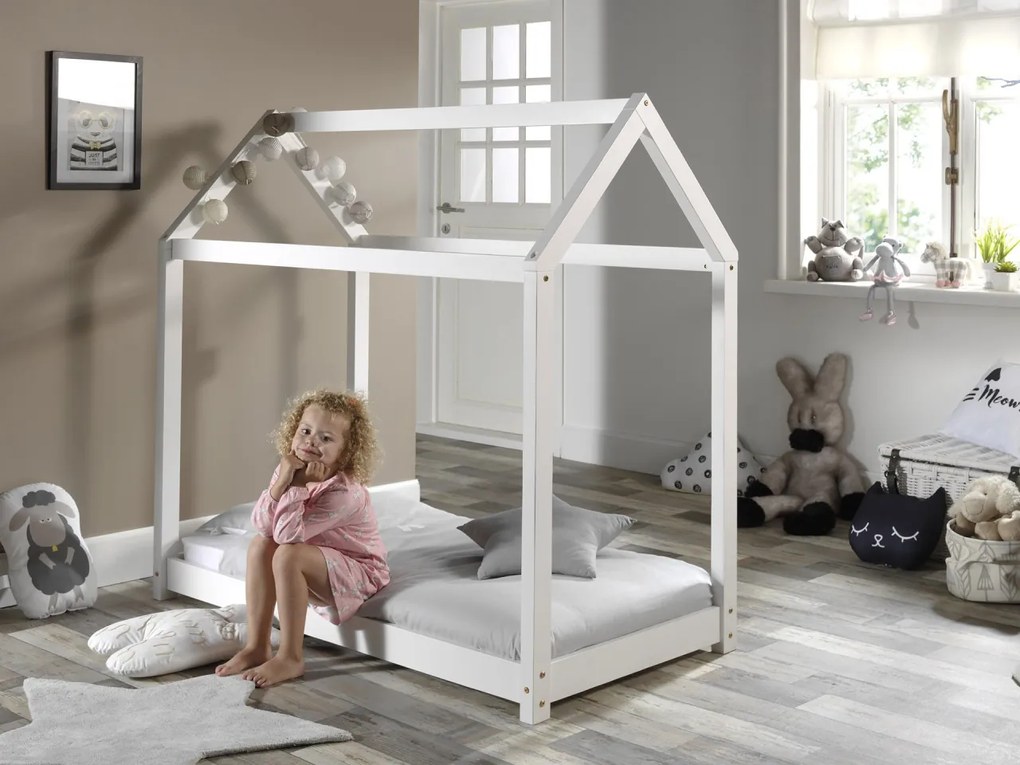 Pat-căsuță 70 × 140 cm ALB – loc de vis sigur pentru primii pași – gamă Cabane – Vipack
