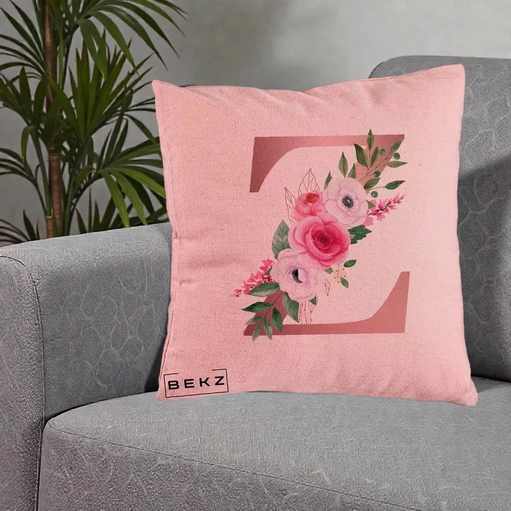 Cadou Personalizat - Perna Personalizata Monograma Rose Gold Litera Z, 40x40 cm, Roz, Husa Detasabila, Perna Inclusa, BEKZ®