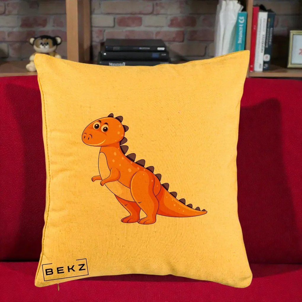Perna Decorativa T-Rex Portocaliu, 40x40 cm, Galben, Husa Detasabila, Perna Inclusa, BEKZ®