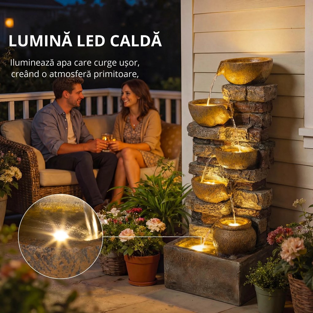 Outsunny Fântână de grădină cu iluminare LED pompă fântână decorativă în cascadă cu 5 niveluri flux reglabil maro rustic | Aosom Romania