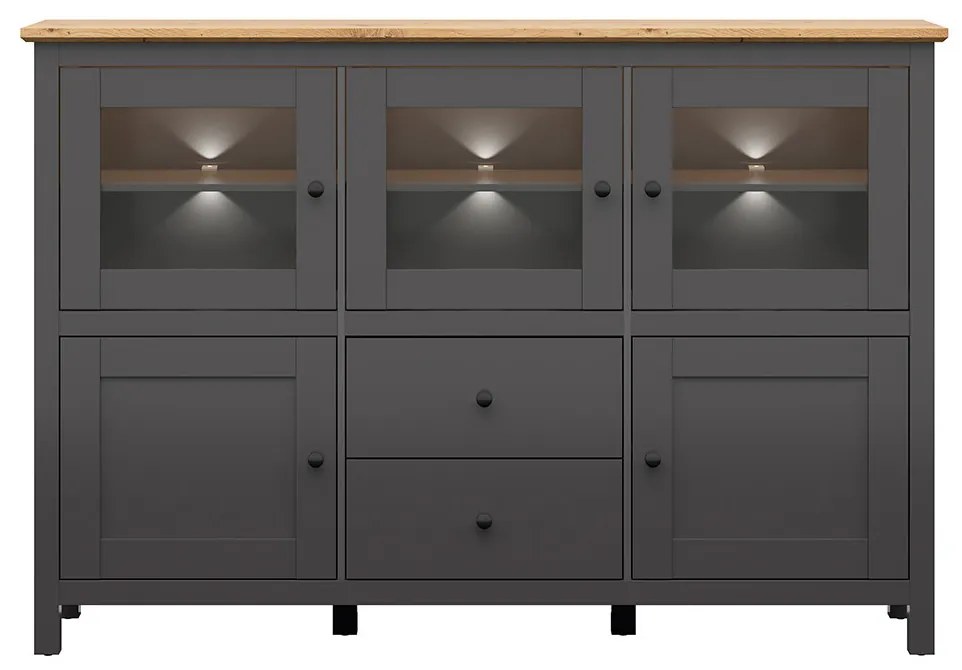 Vitrină Hesen KOM3W2D2S/13/19 (cu iluminat LED) (grafit + Stejar artisan). Promo -23%. 1062529