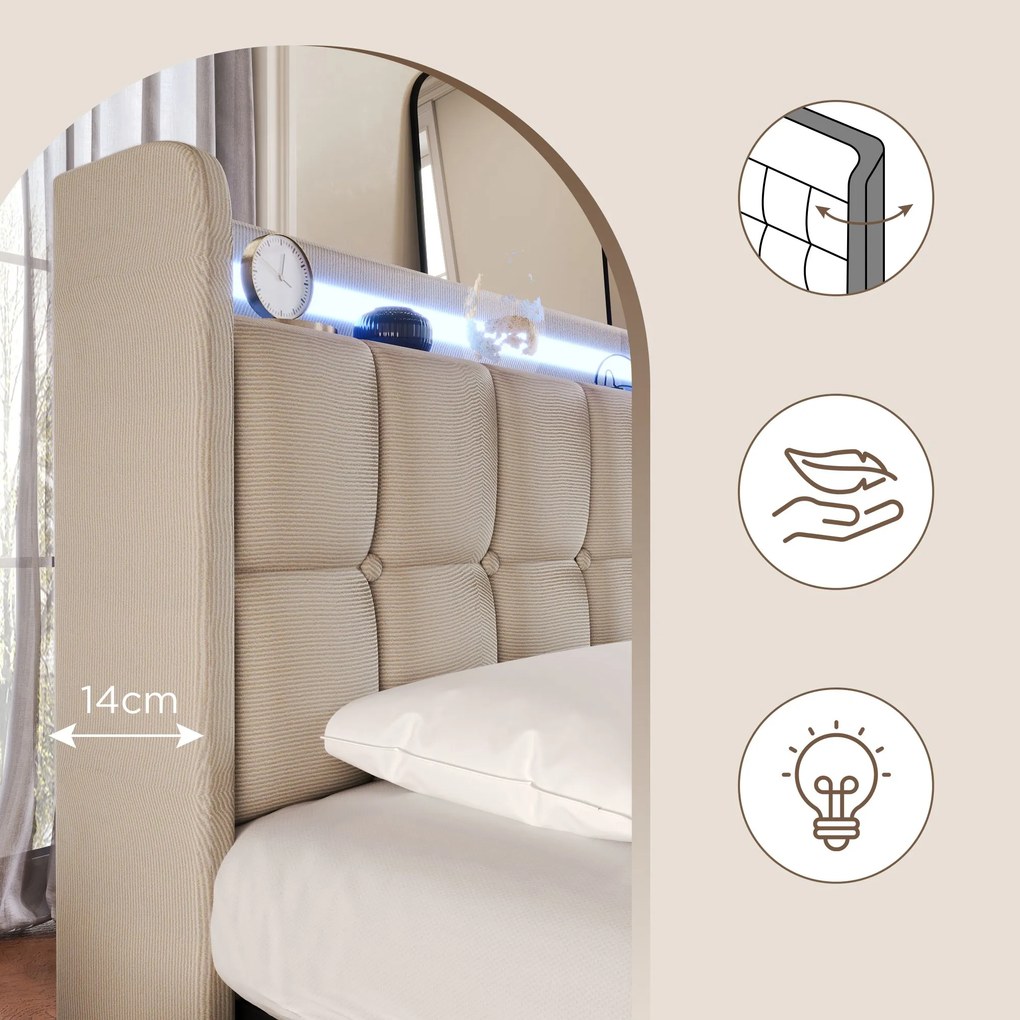 Pat cu tăblie USB și iluminare LED, 4 sertare, structură din lemn, tăblie tapițată, 140x200 cm, Bej