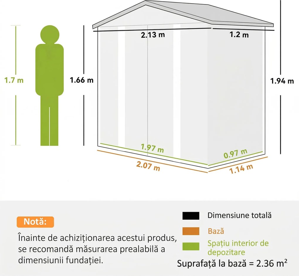 Outsunny Căsuță de Grădină din Metal cu Uși Glisante și Lacăt cu Chei, 2,1x1,2x1,9m, Verde | Aosom Romania
