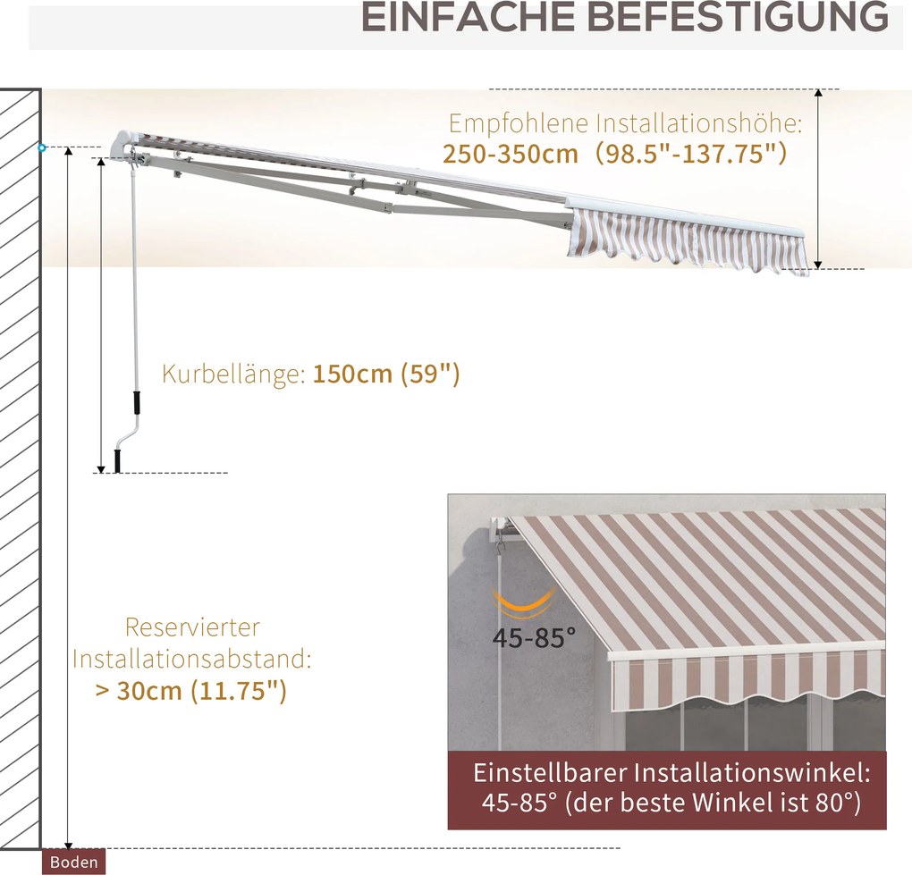 Outsunny Markiză cu manivelă, markiză cu braț articulat, protecție solară, montare pe perete, balcon, Alu Berge 300 x 250 cm | Aosom Romania