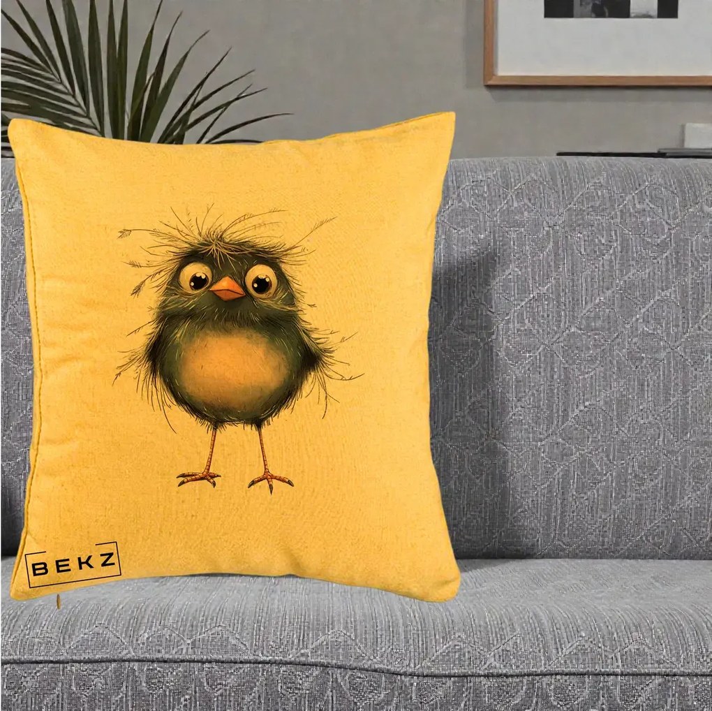 Perna Decorativa Pui Negru Zbarlit cu Pene Fine, 40x40 cm, Galben, Husa Detasabila, Perna Inclusa, BEKZ®