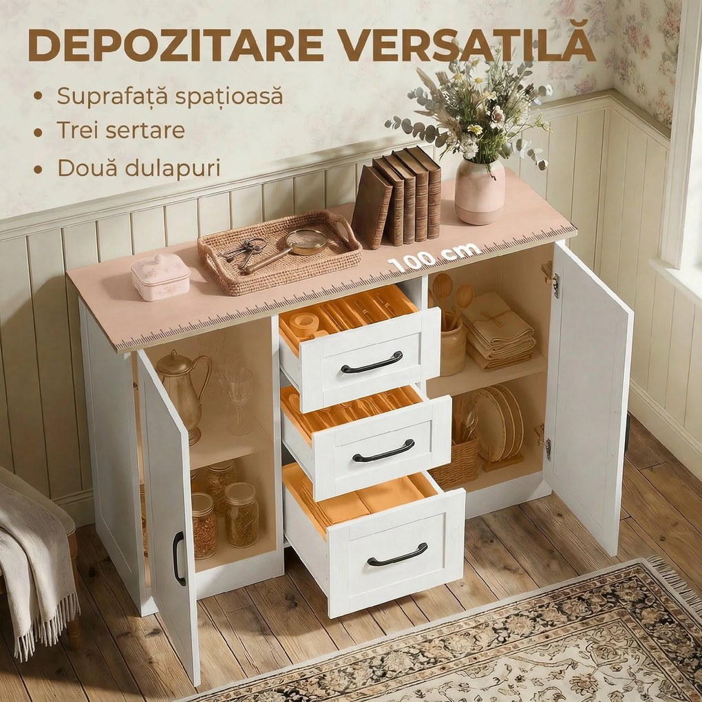 HOMCOM Bufet de bucătărie cu 3 sertare și 2 uși, închidere amortizată, pentru dining, hol și living, 110x35x80,4 cm, alb | Aosom Romania