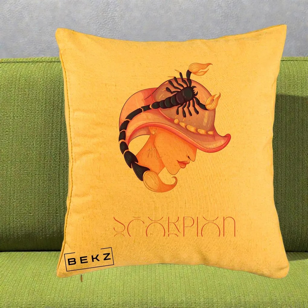 Perna Personalizata Zodiac Scorpion Cowgirl, 40x40 cm, Galben, Husa Detasabila, Perna Inclusa, BEKZ®