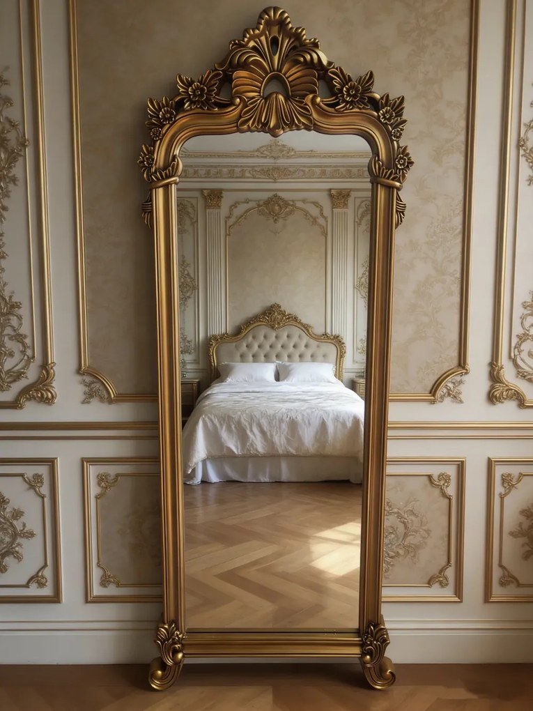 Oglindă decorativă de perete, ramă aurie antichizată, 168 x 69 cm