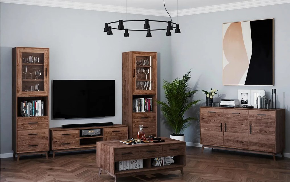 Comodă TV lemn masiv Timeless 4 Sertare 2 Nișe Whisky, 146 × 40 × 48 cm