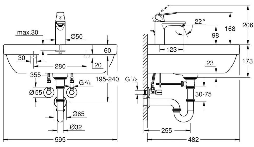Set complet lavoar baie suspendat Grohe Euro Ceramic Eurosmart Cosmopolitan 59.5x48 cm, cu baterie, sifon si robineti coltar