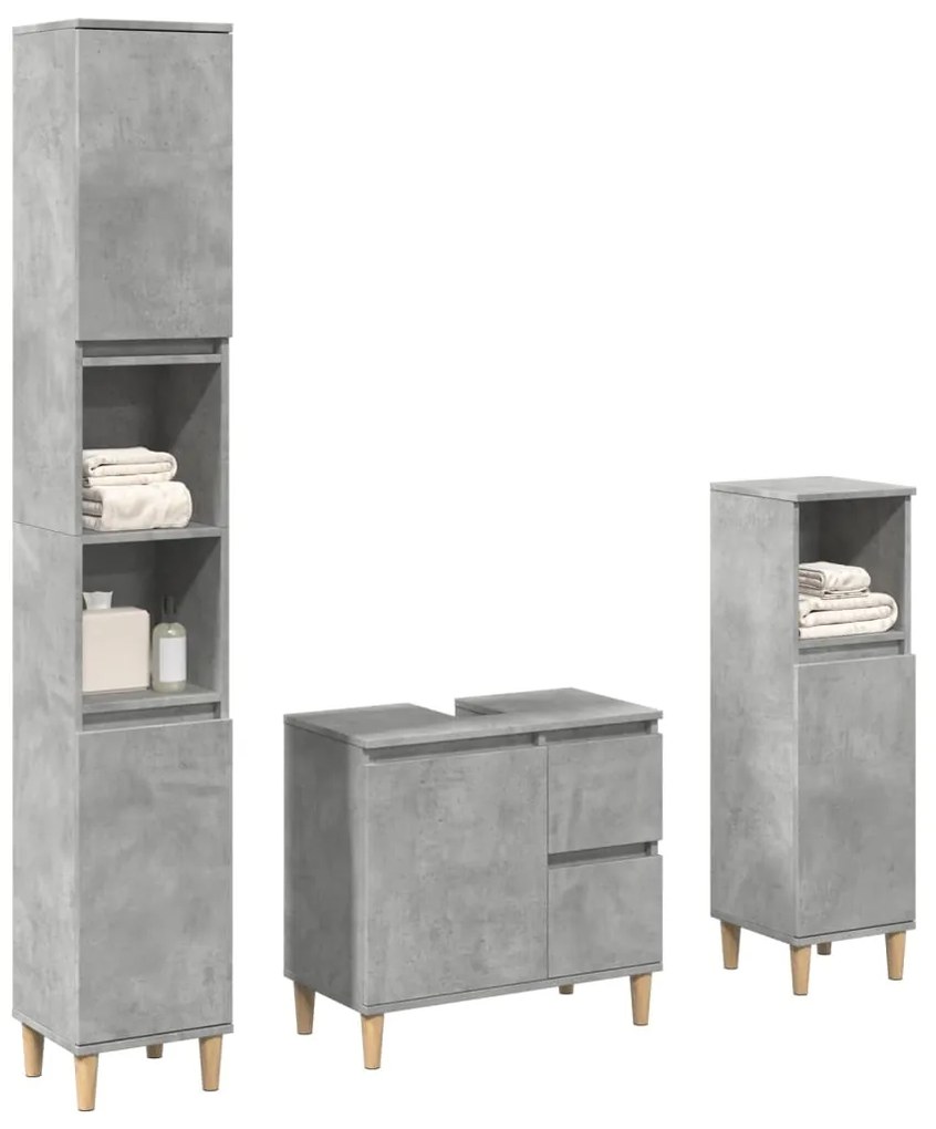 vidaXL Set mobilier de baie, 3 piese, gri beton, lemn compozit