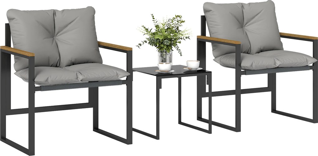 Outsunny Set de grădină 3 piese 2 locuri cu 2 fotolii 1 masă de cafea, blat din sticlă securizată și perne, gri | Aosom Romania