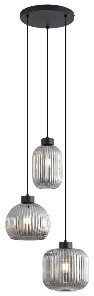 Design hanglamp zwart met smoke glas 3-lichts - Ana