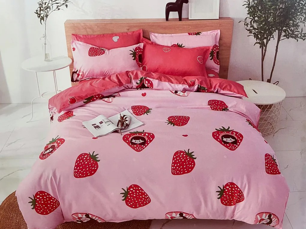 Lenjerii din bumbac pentru patut, Strawberry roz
