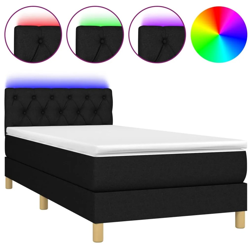 3133911 vidaXL Pat cu arcuri, saltea și LED, negru, 80x200 cm, textil