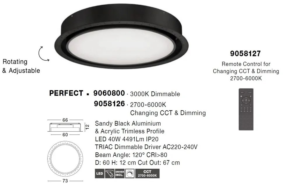 Plafoniera LED incastrabila reglabila PERFECT 60cm negru CCT Dimmable
