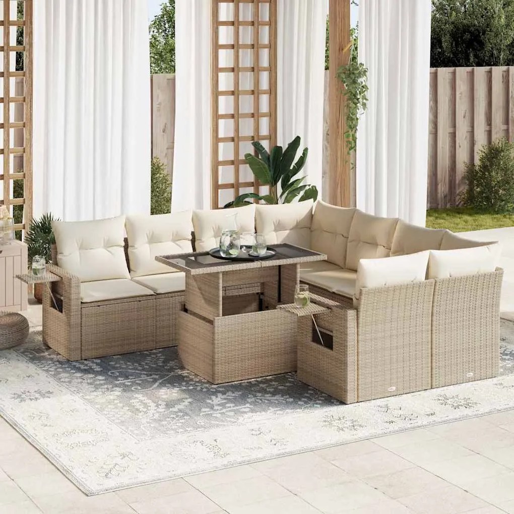 vidaXL Set canapele de grădină, 9 piese, cu perne, bej, poliratan