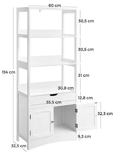 Dulap de depozitare pentru baie, Vasagle, Alb, 32 x 60 x 154 cm, BBC67WT