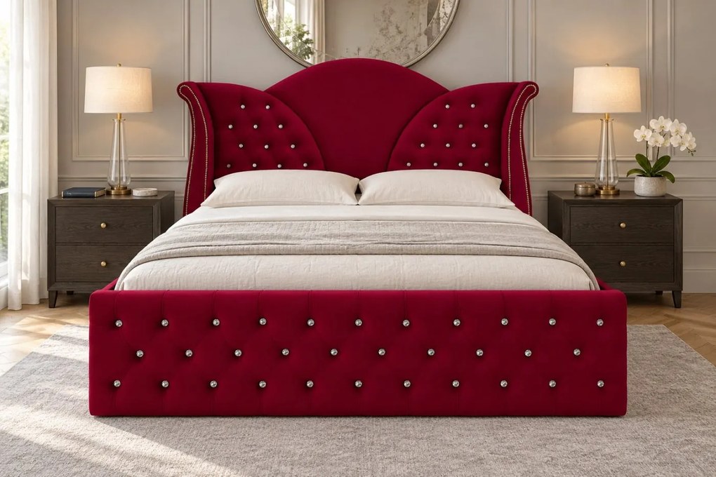 Pat tapițat Chesterfield din catifea Velora Cristal 180×200 cm, vișiniu, cu ladă de depozitare