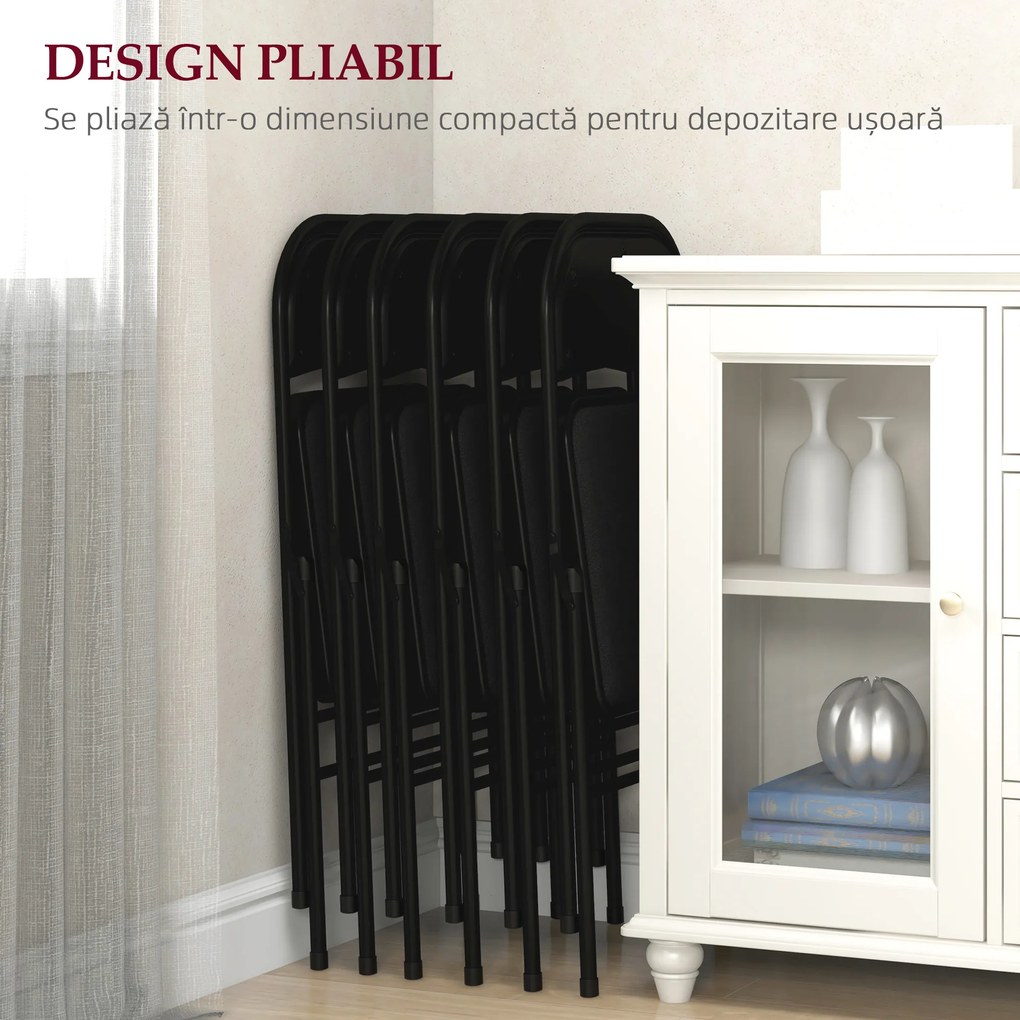 HOMCOM Set 6 Scaune Pliabile, Scaune Moderne cu Perne din Poliester pentru Acasă și Birou, 45x46x78 cm, Negru | Aosom Romania