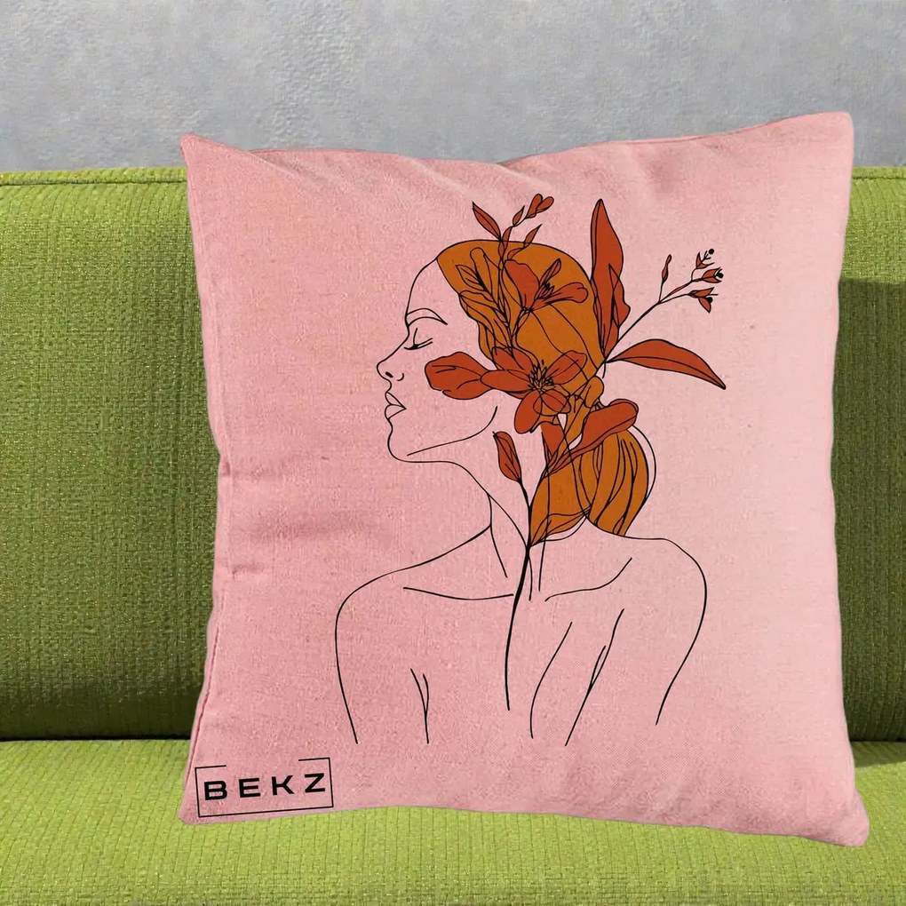 Perna Decorativa Portret Feminin Crin Ruginiu Auriu, 40x40 cm, Roz, Husa Detasabila, Perna Inclusa, BEKZ®