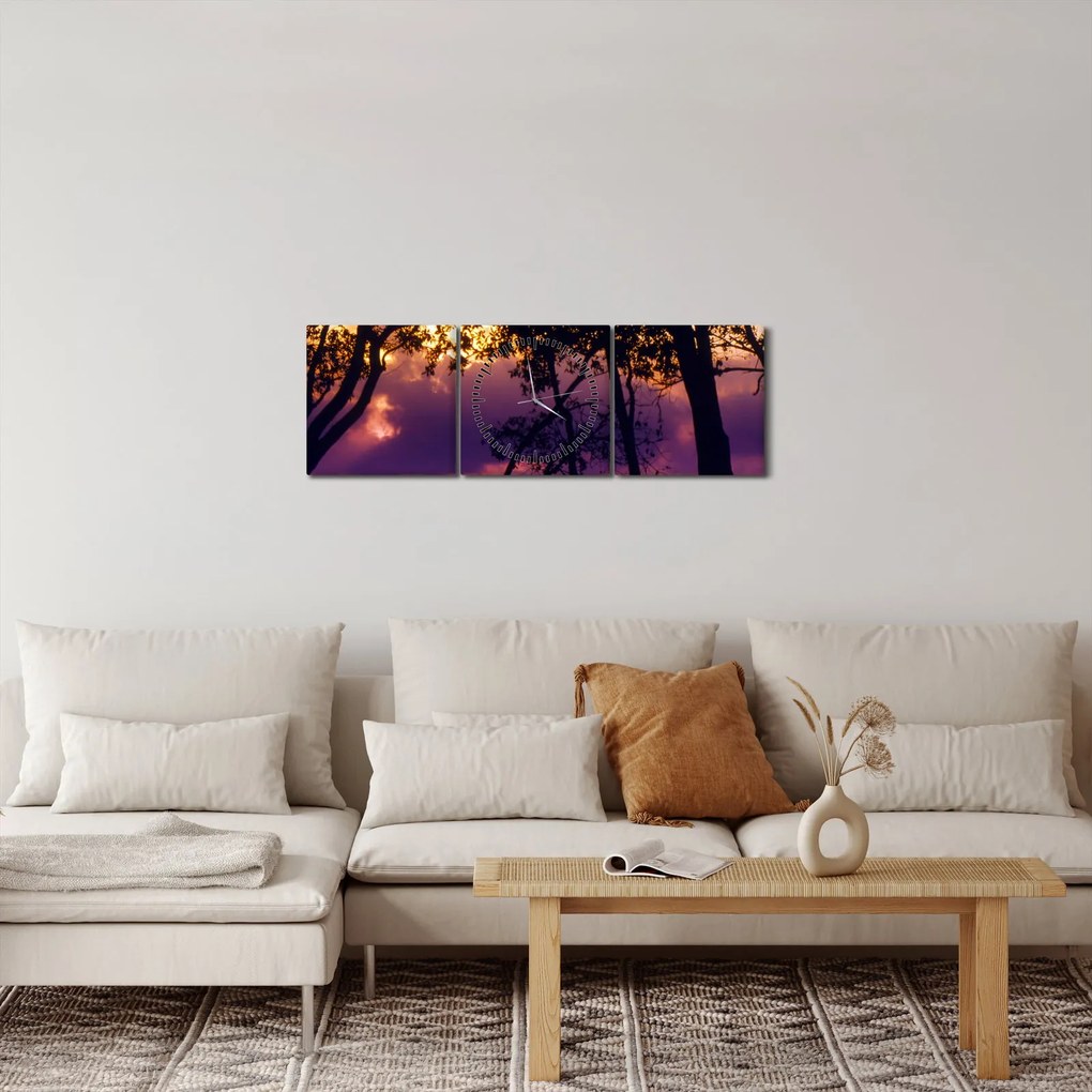 Tablou - Copaci la apus de soare (cu ceas) (90x30 cm)