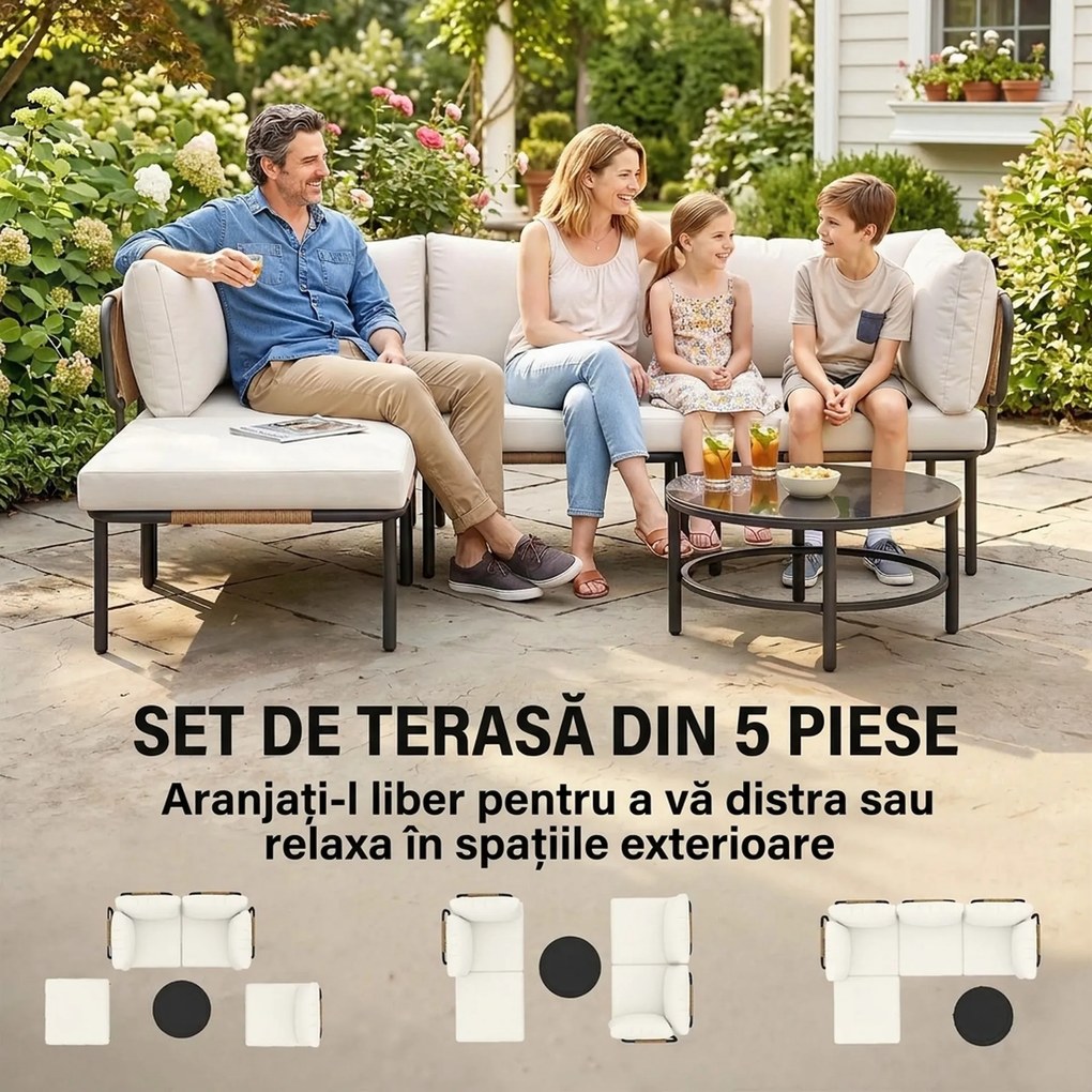 Outsunny Set Grădină, 5 Piese, Rattan Modular în L cu Perne, Culoare Bej | Aosom Romania