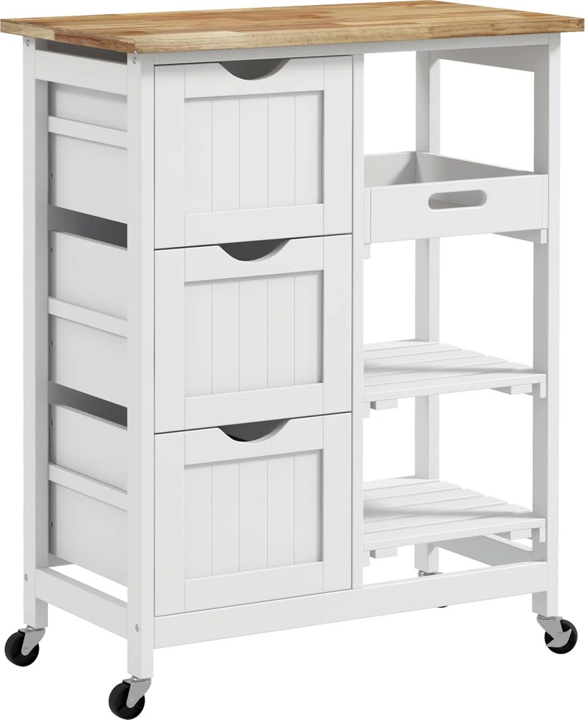 HOMCOM Cărucior de Bucătărie cu Roți, Insulă de Bucătărie Compactă cu Blat din Lemn, Rafturi și Sertare, Alb | Aosom Romania