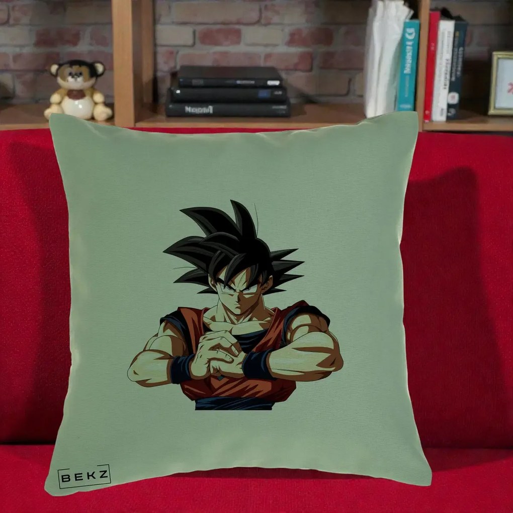 Perna Personalizata Dragon Ball Goku Portret Serios, 40x40 cm, Verde, Husa Detasabila, Perna Inclusa, BEKZ®