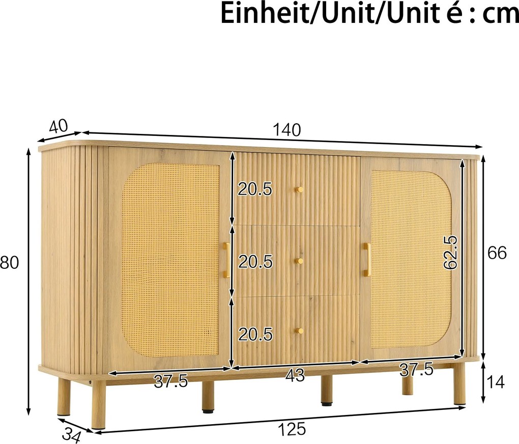 Comodă cu uși din ratan, design curbat, 140x40x80 cm, Culoare naturală