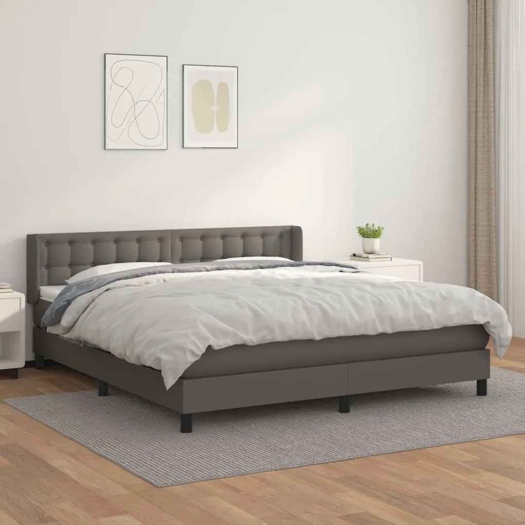 Pat box spring cu saltea, gri, 160x200 cm, piele ecologica Gri, 160 x 200 cm, Nasturi de tapiterie