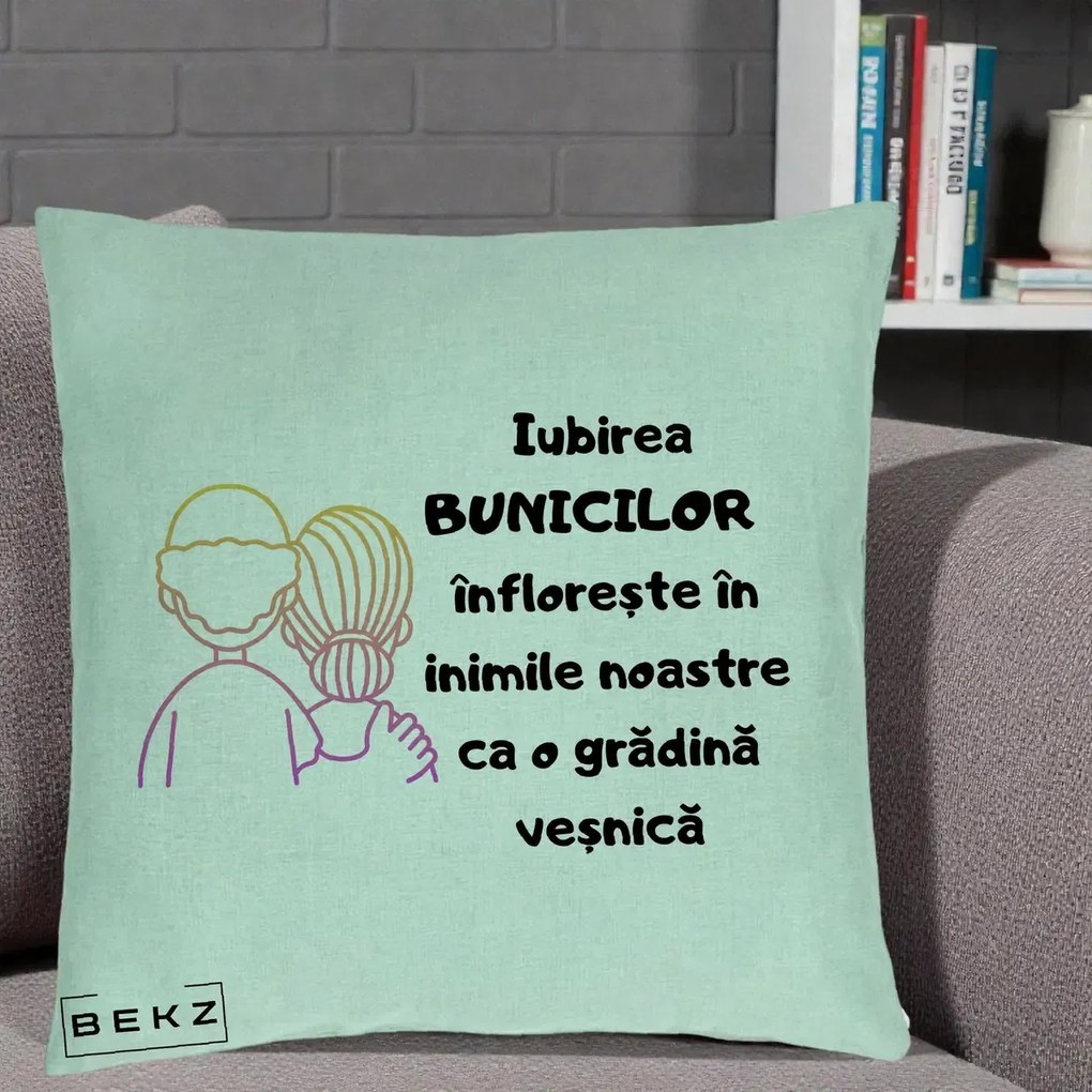 Cadou pentru Bunici - Perna Personalizata Iubirea Bunicilor Infloreste Cuplu Line Art Gradient, 40x40 cm, Verde Menta, Husa Detasabila, Perna Inclusa, BEKZ®