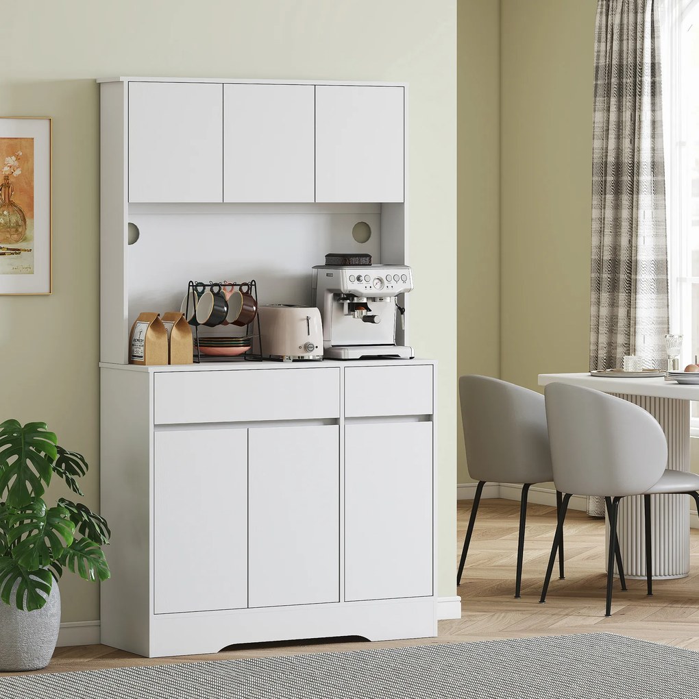 HOMCOM Bufet de Bucătărie Modern cu 4 Dulapuri, 2 Sertare și Rafturi Reglabile, 100x38x180 cm, Alb | Aosom Romania